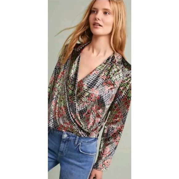 Ett:twa By Anthropologie Wrap Jacket Top Womens Size US 2 UK 6‎ Floral Velvet - Picture 2 of 12